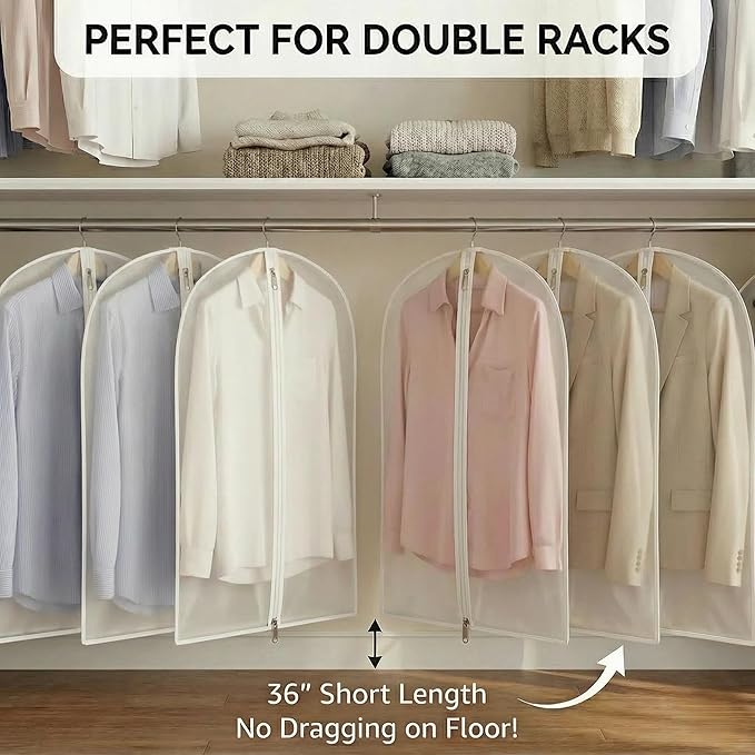 6 Pack Shirt Garment Bags (24x36") - Dustproof Short Suit Covers - Durable PEVA Closet Bags with Sturdy Zipper for Blouses, Jackets, Sweaters & T-Shirts (Translucent)