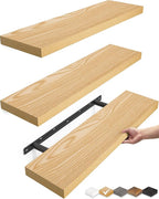 BAYKA Floating Shelves for Wall, 22.5 inches Wall Mounted Rustic Wood Shelves for Bathroom, Bedroom, Living Room, Floating Shelves for Books/Storage/Decor (Light Oak-Toned,Set of 3)