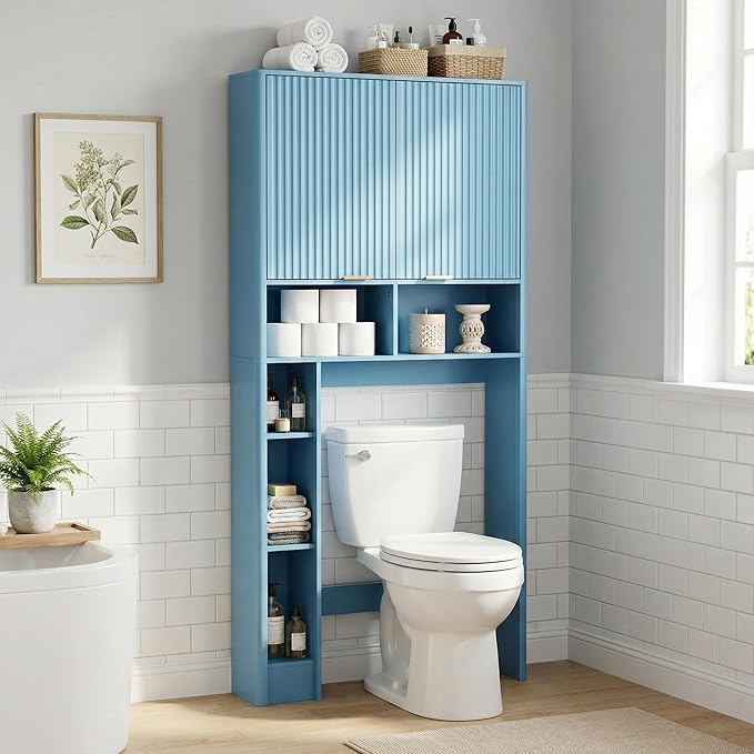 31" W Over The Toilet Storage Cabinet with Fluted Door, Blue Bathroom Organizer with Adjustable Shelf, Toilet Paper Holder Stand Wave Door for Restroom, Laundry Room