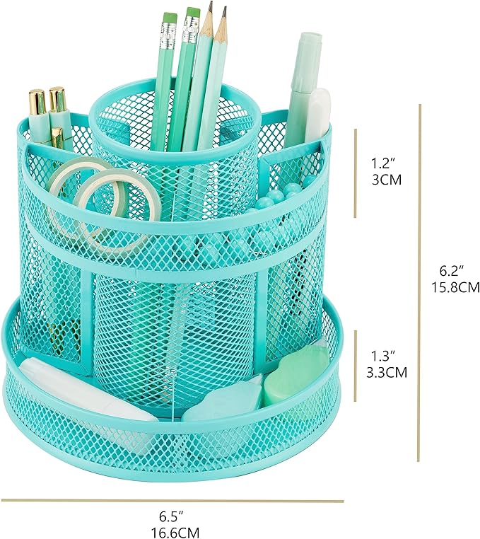 Annova Mesh Desk Organizer Rotate with 5 Compartments Round Spinning Tidy Candy/Pen Holder Desk Accessories Office, Art Supply, Storage, Classroom, Home (Turquoise)