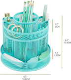 Annova Mesh Desk Organizer Rotate with 5 Compartments Round Spinning Tidy Candy/Pen Holder Desk Accessories Office, Art Supply, Storage, Classroom, Home (Turquoise)