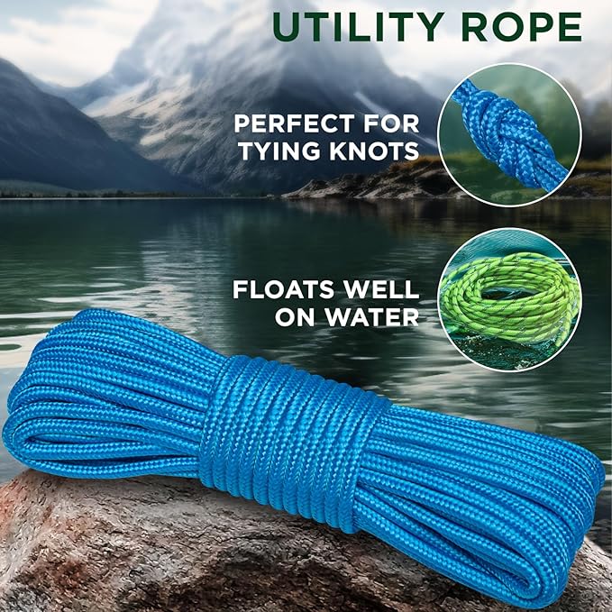 TECEUM Rope – 150 Feet x 1/4 Inch (7mm) – Sky Blue – Strong All-Purpose Utility Rope – Camping, Crafting, Flag Pole, Indoor & Outdoor – Polypropylene Nylon Poly Lightweight Diamond Braided Cord