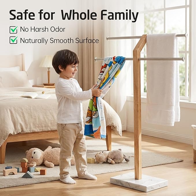 KES Width Adjustable Free Standing Towel Rack with 3X Thicker Weighted Natural Marble Base, 2-Tier Wooden Towel Rack Stand for Bathroom Floor, 18/8 Stainless Steel, Brushed Finish, BTH800-2