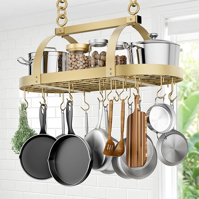 KES Gold 34 Inch Hanging Pot Rack, 100 LBS Capacity Heavy Duty Oval Pot and Pan Hanging Rack Ceiling Mount, Pot Pan Hangers Organizer for Kitchen Island with 20 Hooks (For 16" and 24" Joist)