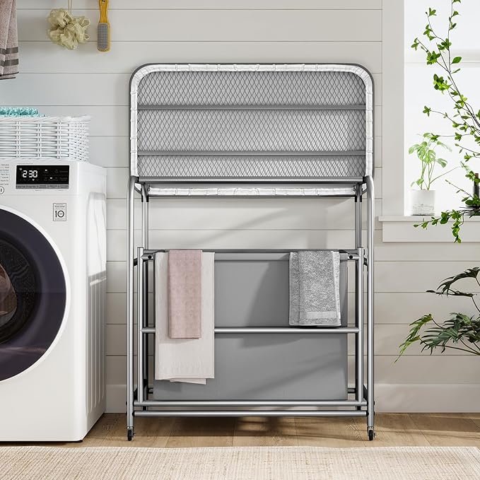 COSTWAY Laundry Hamper with Ironing Board, 3 Section Tilt Out Laundry Cart with 3 Separated Removable Bags, Lockable Wheels, Heavy-Duty Laundry Sorter Clothes Basket Organizer for Bedroom, Bathroom