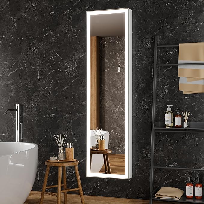 16"x60" Tall Lighted Medicine Cabinet with Mirror Door & Brush Nickel Bevel Frame, Surface or Recessed LED Bathroom Mirror Cabinet with Outlet, 5-Tier Adjustable Shelf & Sensor Inner Light