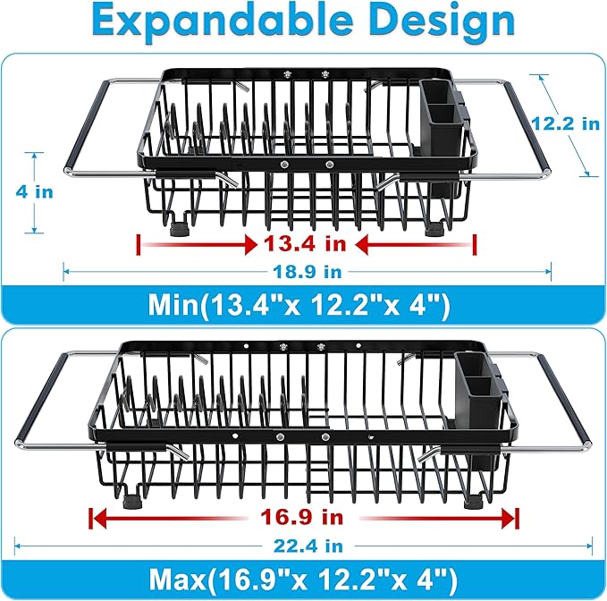 Expandable Stainless Steel Dish Drying Rack Over The Sink For Small Kitchen, Counter Space Saving Compact Black Metal Plate Drain Strainer, Adjustable Hanging In Sink Rust Proof Wire Dryer Holder