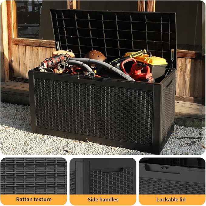 ROJIK Outdoor Storage Housing Deck Box - Waterproof Patio Furniture, Garden Tools, Cushions, Pool Accessories Storage Bench with Lockable Lid and Side Handles (Black 110 Gal)