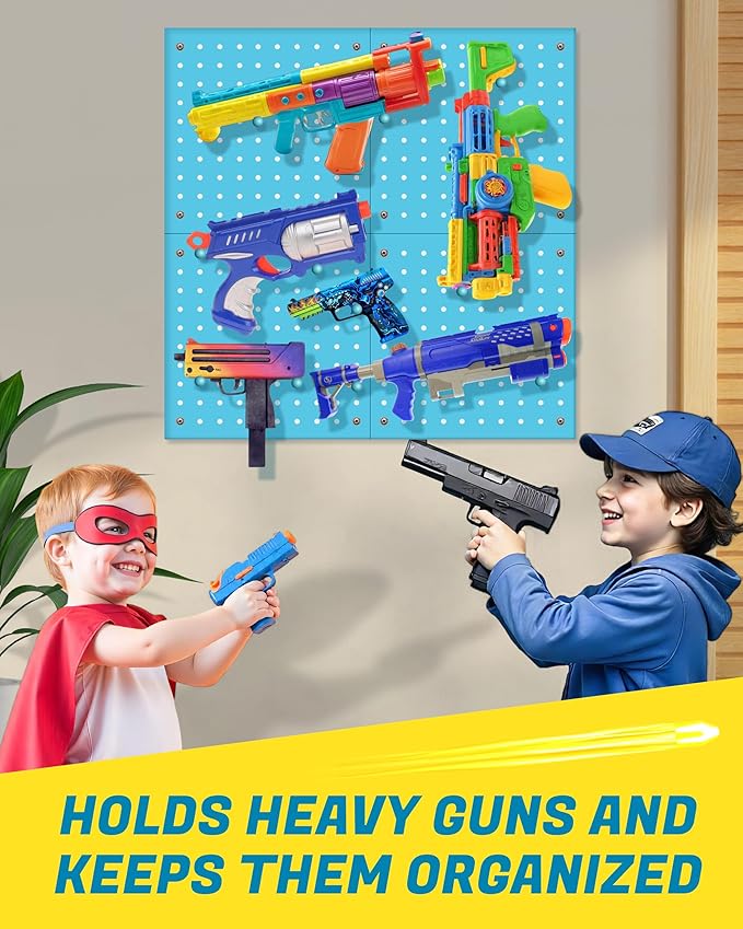 Skywin Wooden Peg Board for Nerf Gun with Target Bag 13 x 0.32 x 13 Inches - Hanging Holder Compatible with All Blasters Nerf Gun Rack Organizer for Wall Organization (Blue)