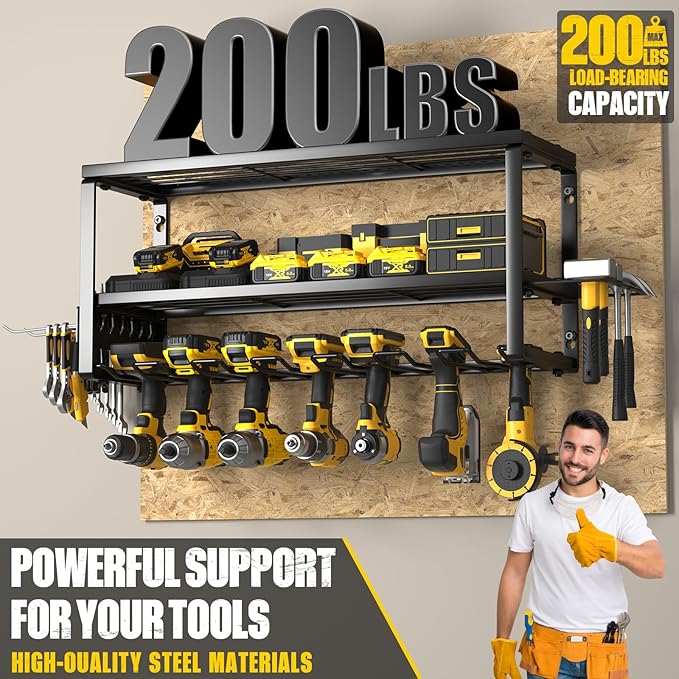 Power Tool Organizer Wall Mount for Tool Storage, Heavy Duty 7 Slots Cordless Drill Holder and Battery Shelf, Metal Tool Holder and Storage Rack with Charging Station for Garage Organization