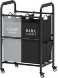 Tajsoon 2 Bag Laundry Sorter Cart, Laundry Hamper Sorter Basket with Heavy Duty Lockable Rolling Wheels for Clothes Storage, Black & Grey