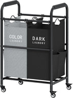Tajsoon 2 Bag Laundry Sorter Cart, Laundry Hamper Sorter Basket with Heavy Duty Lockable Rolling Wheels for Clothes Storage, Black & Grey