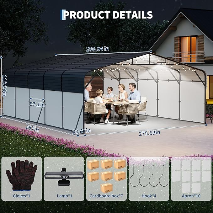 20x25FT Metal Carport w/Led Light,Outdoor Portable Car Garage,Removable PE Sidewalls,Reinforced Base & Galvanized Steel Roof, Outdoor Car Port Canopy Shelter for Boats, Trucks