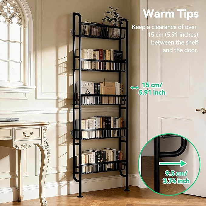 Behind The Door Narrow Bookshelves Pantry Spice Rack 5-Tier Slim Metal Space-Saving Organizer for Bathroom Closet Kitchen Living Room Sturdy Room Laundry Room, Black
