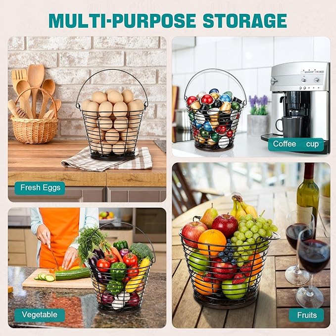 LemonRoad 2 Pack Egg Baskets with Wooden Base and Handle, 7.7 Inch Large Egg Gathering Basket for Count, Farm Eggs Collecting Basket Eggs Storage Holder for Kitchen Farm Countertop (holds 40)