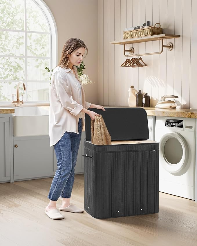 SONGMICS Laundry Hamper with Lid, Bamboo Laundry Basket, Removable Machine Washable Laundry Basket, with Handles, 39.6-Gallons, for Laundry Room, Bedroom, Bathroom, Ink Black ULCB062B01