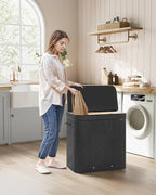 SONGMICS Laundry Hamper with Lid, Bamboo Laundry Basket, Removable Machine Washable Laundry Basket, with Handles, 39.6-Gallons, for Laundry Room, Bedroom, Bathroom, Ink Black ULCB062B01