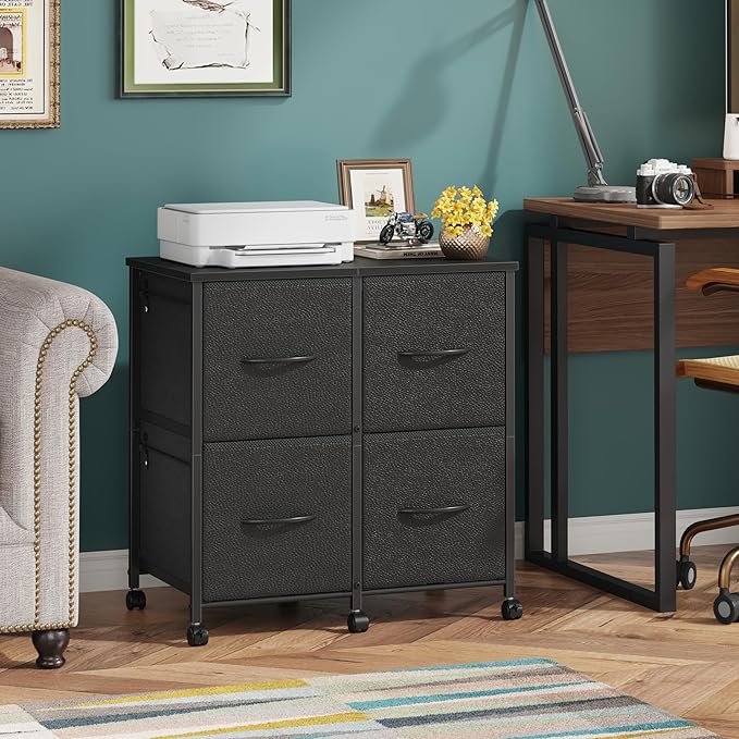 4 Drawer Lateral File Cabinet, Mobile Filing Cabinet for Large Printer, Home Office Functional Small Office Storage Cabinet & Printer Stand, Fits Letter/A4, Black