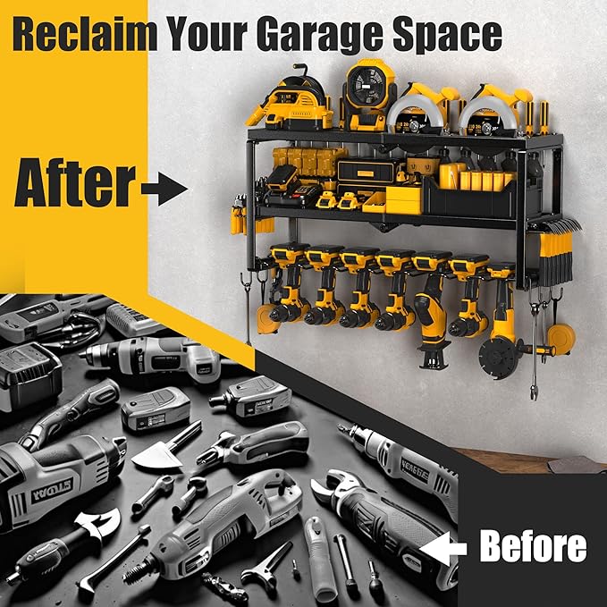 Power Tool Organizer, 7 Drill Holder for Tool Organizer, Storage and Organization for Garage, Heavy Duty Metal Tool Shelf Utility Rack for Cordless Power Tools Suitable for Pegboard/Workshop