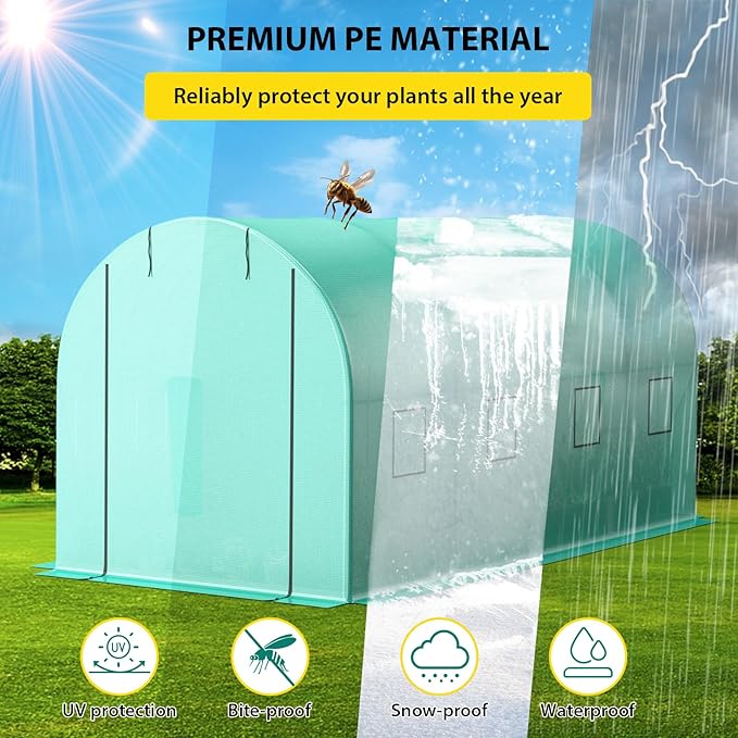 15x7x7 ft Walk-in Tunnel Greenhouse with Galvanized Steel Frame & 8 Mesh Windows, Weather-Resistant Outdoor Plant Hot House for Vegetables, Green PE Cover & 2 Roll-Up Zipper Doors