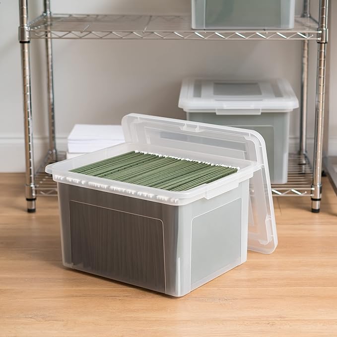 IRIS USA File Box, Plastic File Boxes With Lids, Document Organizer for Letter/Legal File, Document Box, Storage Bin For Hanging Files, Secure Latching Lid Stackable BPA-Free, Clear 35 Qt. 1 Pack