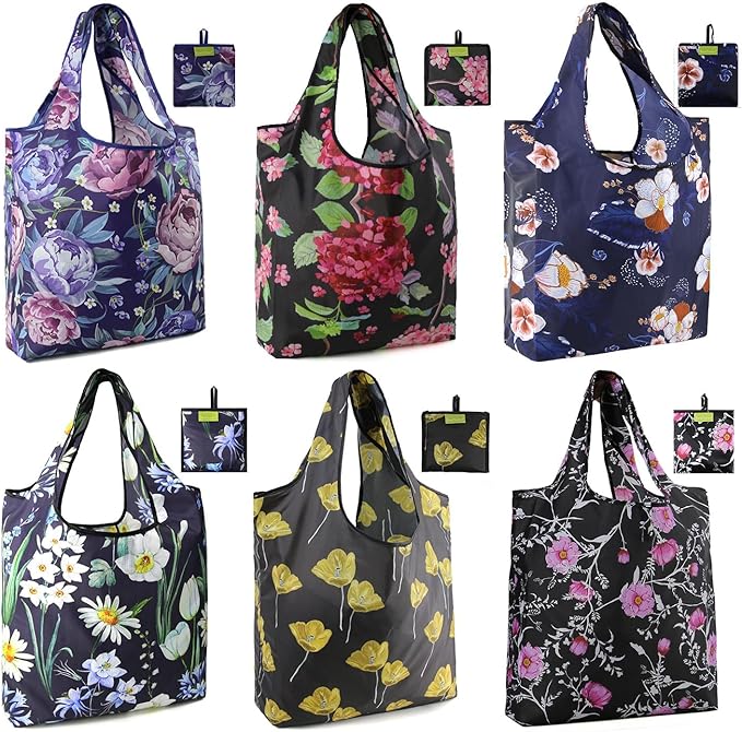BeeGreen Floral Reusable Grocery Bags - X Large 50 LB Capacity,Foldable Tote Bag Gifts Fashionable Ripstop Polyester, Recyclable, Machine Washable Bulk Bags With Pouch - Ideal for Shopping