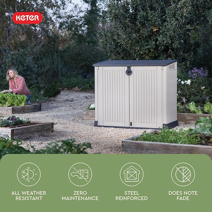 Keter Store-It-Out MIDI Outdoor Resin Storage Shed – Weather-Resistant Horizontal Cabinet for Trash Cans, Garden Tools & Patio Accessories – Lockable, Easy-Lift Lid, 30 Cu. Ft. Capacity, Beige