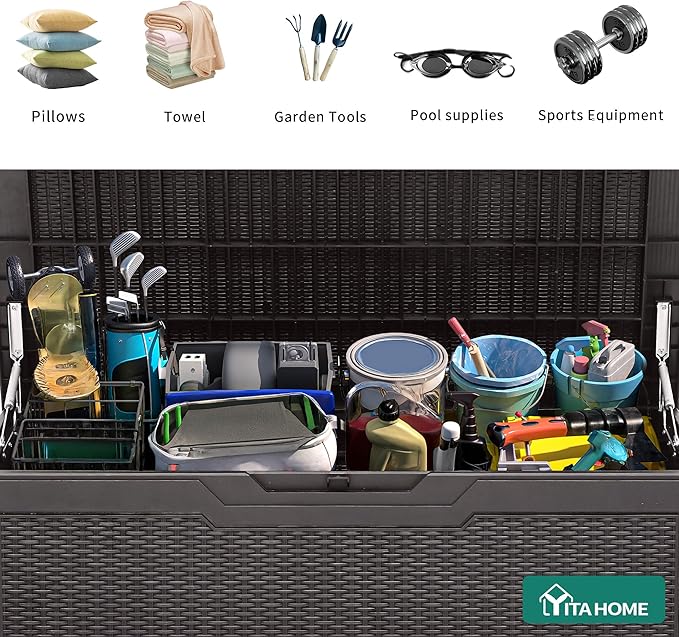 YITAHOME 100 Gallon Large Resin Deck Box Outdoor Storage Boxes for Patio Furniture, Outdoor Cushions, Garden Tools and Pool Supplies-Waterproof,Lockable (Dark Brown)