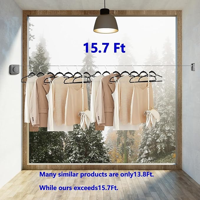 15.7Ft Retractable Clothesline Indoor is Also an Anti-sag Retractable Clothesline Outdoor,Stainless Steel Wire Laundry line Retractable for Drying Clothes ，with 12 Clip (Grey)