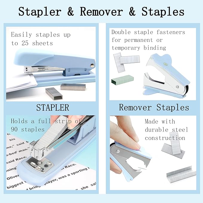 Blue Office Desk Accessories Supplies, 10pcs Desk Organizers and Accessories with Tape Dispenser and Stapler,Staples,Scissor,Ruler,Sticky Tabs,Tape,Ballpoint Pen,Clips Set