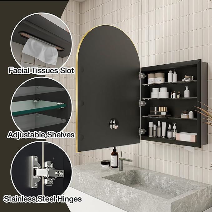 Arched Medicine Cabinet Mirror No Assembly Needed Bathroom Mirror with Storage Recessed or Surface Mount Options (Gold, 36" L x 24" W)