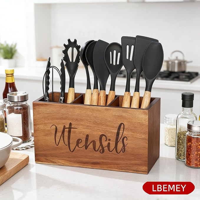 Acacia Wood Utensil Holder,Large Wooden Utensil Holder For Kitchen Counter,Big Storage Caddy With 3 Compartments Flatware Spoon Tool Cutlery (Brown)