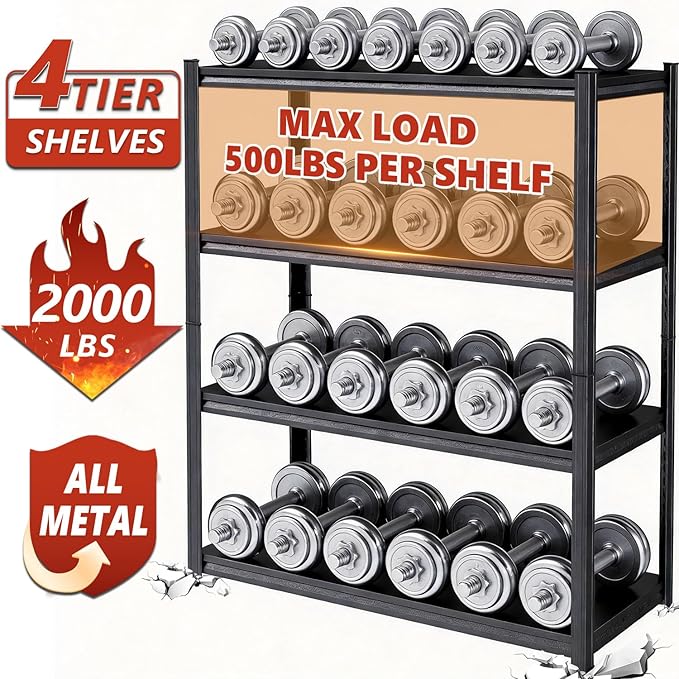 4-Tier Metal Garage Shelving Heavy Duty Adjustable Storage Shelves 2000lbs Capacity Steel Shelving Units Tool Rack Corner Shelf for Equipment & Tools (27.6" W × 13.8" D × 44.1" H)