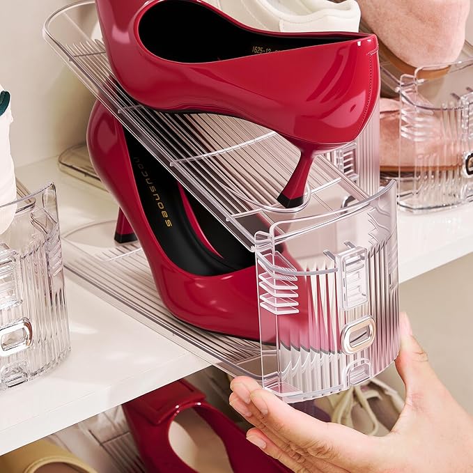 Shoe Slots Organizer, 24 Pack Transparent Shoe Stackers for A Pair of Shoes, 3 Levels Adjustable Doulbe Deck Shoe Holder 50% Space Saver for Closet Organization
