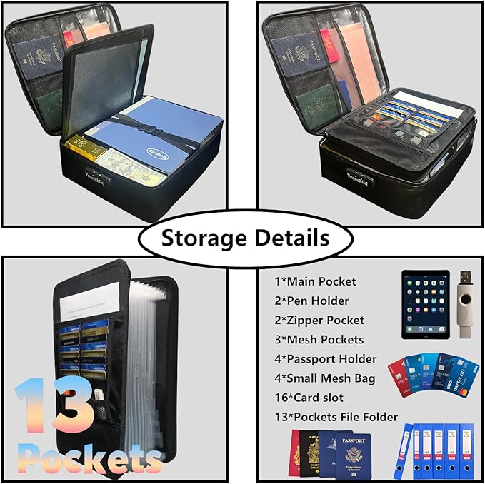 Yuanshikj Heat Insulated Fireproof Waterproof Safe File Organizer,Document Organizer Box with Lock Labels,Multi-Layer Portable Home Travel Safe Storage Box for Important Documents (Black)