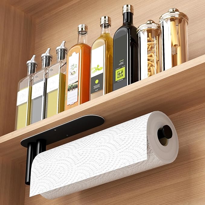 Under Cabinet Paper Towel Holder for Kitchen, Upgraded Heavy Duty Double Pole Design, Both Available in Adhesive & Screws, Self-Adhesive Bar Rack for Kitchen Towel, Stainless Steel, Black