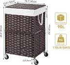 Chrislley 90L Slim Laundry Hamper with Wheels, Rolling Laundry Basket with Lid and Renovable Liner Bag, Handwoven Rattan Organizer for bedroom, bathroom, laundry room (Brown)