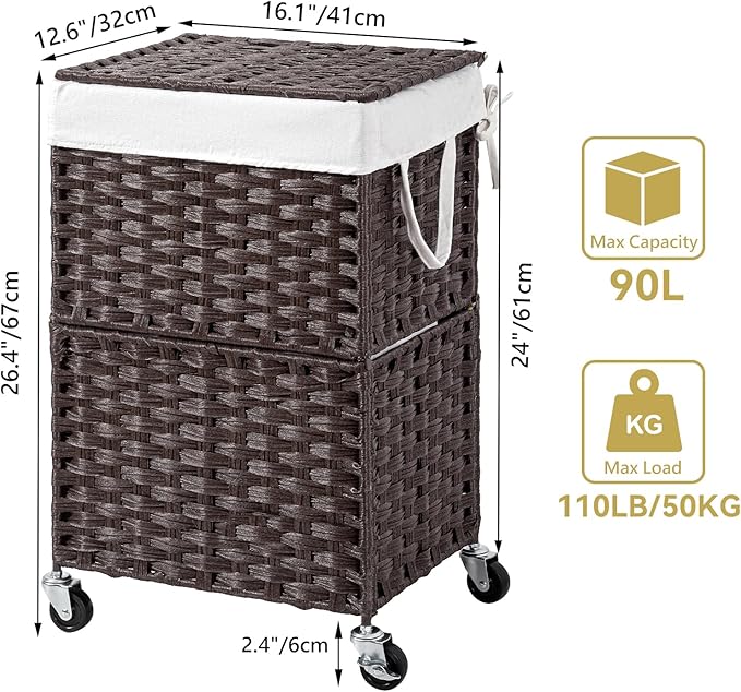 Chrislley 90L Slim Laundry Hamper with Wheels, Rolling Laundry Basket with Lid and Renovable Liner Bag, Handwoven Rattan Organizer for bedroom, bathroom, laundry room (Brown)