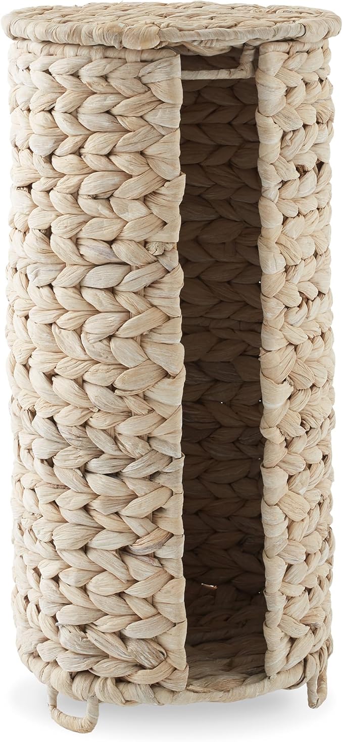 Casafield Free Standing Toilet Paper Storage Roll Holder with Lid - Whitewash, Fits 3 Rolls, Water Hyacinth Bath Tissue Organizer for Bathroom