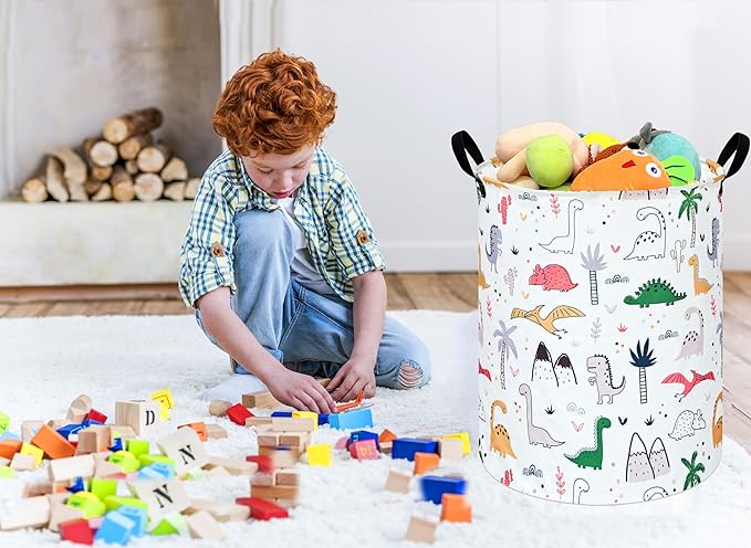 Dinosaur Pattern 19.7 Inch Round Laundry Clothes Hamper Laundry Basket with Handles,Storage Organizer Bins Laundry Gift Basket for Room, Bedroom Decor