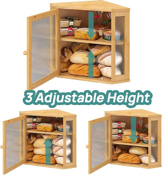 Corner Bread Box for Kitchen Counter, Bamboo Wood Large Capacity Bread Storage Bin with Acrylic Wavy Door Panel (Natural, Meduim)