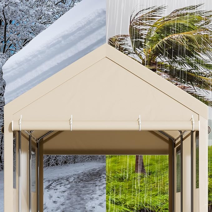 Nuturelly 12x20 FT Carport, Heavy Duty Carport Canopy with Roll-up Windows, Portable Garage with Removable Sidewalls & Doors, Car Canopy with All-Season PE Tarp for Car, Truck, Boat(Khaki)