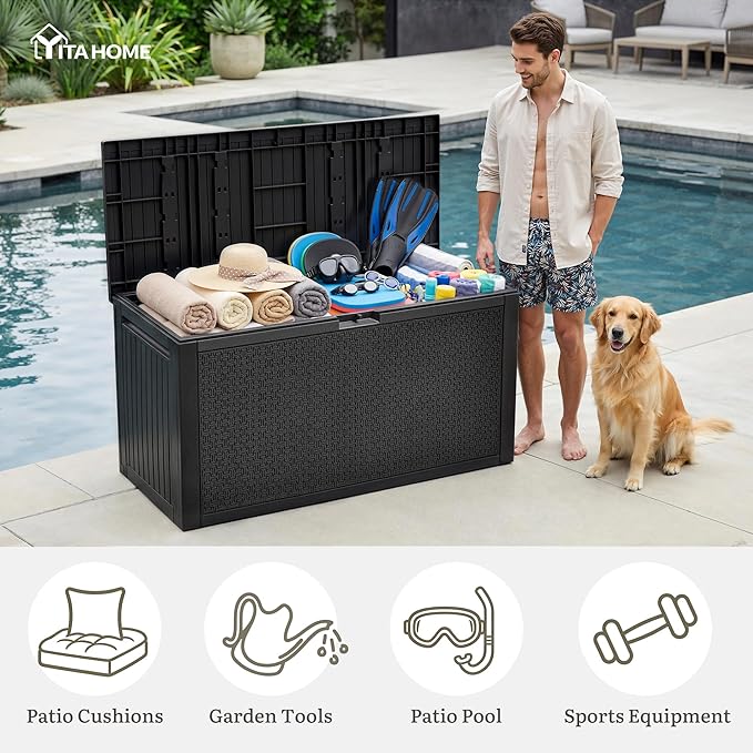 YITAHOME 90 Gallon Large Outdoor Deck Box, Lockable Waterproof Resin Storage Box with Handles, Weatherproof & UV Resistant, Patio Garden Tool Container for Outdoor Furniture, Black