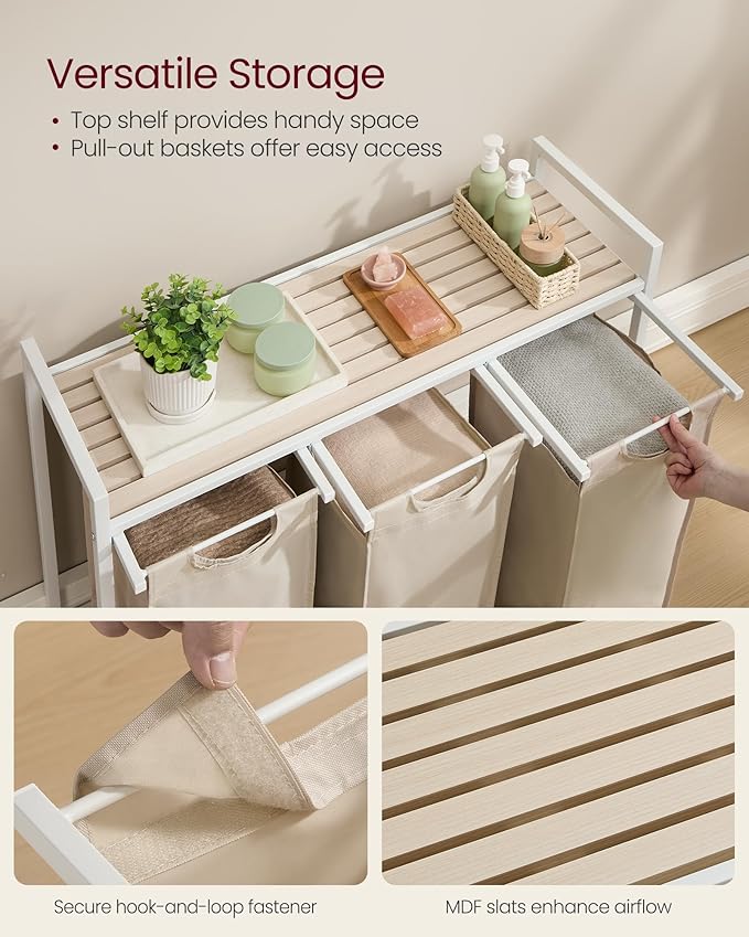 VASAGLE Laundry Hamper, Laundry Basket Sorter with 3 Pull-Out and Removable Bags, Shelf, Metal Frame, 3 x 10.6 Gallons (40 L), 36.4 x 13 x 28.4 Inches, Cappuccino Beige and Natural Beige UBLH301LH01
