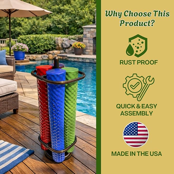 Extra Large Pool Noodle Storage Rack – Rustproof Bronze PVC Pool Float Organizer with Fillable Base for Stability – Outdoor Pool Storage Rack for Noodles & Floats