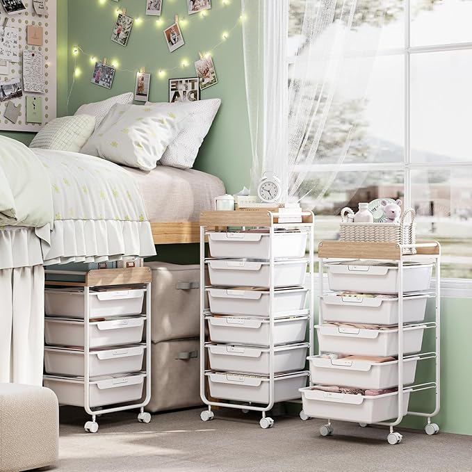 Rolling Craft Storage Cart with 4 Drawers,Utility Cart with Drawers,Art Craft Organizers and Storage,Kids Craft Cart,Kids Art Cart With DIY Lable and Wooden Tabletop Area,White