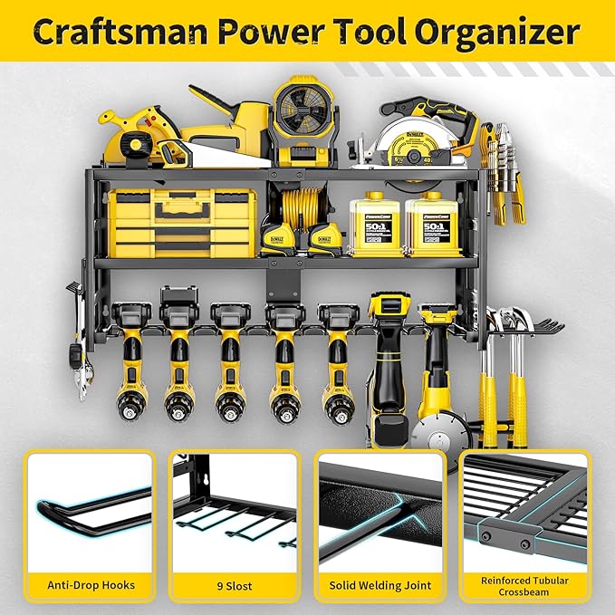 Power Tool Organizer Wall Mount Heavy Duty 320 lbs, 3 Layers Storage Rack with 9 Drill Holders & Battery Storage, cordless tool organizer for Garage, Workshop & Tool Room