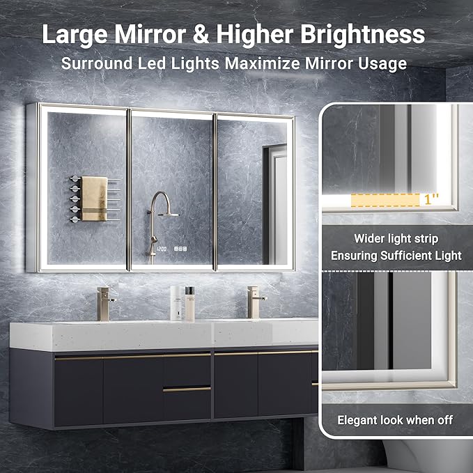 72x30 Lighted Medicine Cabinet with Mirror, Beveled Brushed Nickel Framed Surface or Recessed Fogless Dimmable LED Medicine Cabinet with Outlet, Time Display and Sensor Inner Light