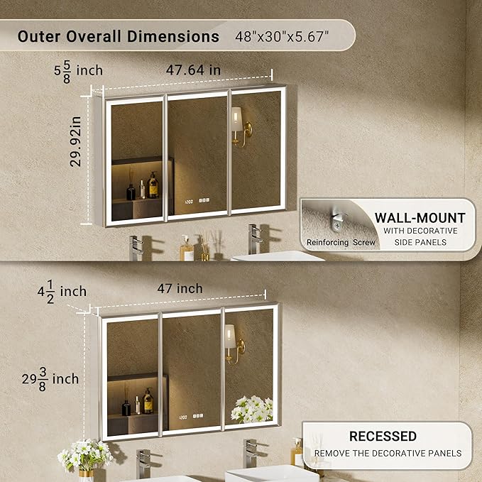 48x30 Lighted Medicine Cabinet with Mirror, Beveled Brushed Nickel Framed Surface or Recessed Fogless Dimmable LED Medicine Cabinet with Outlet, Time Display and Sensor Inner Light