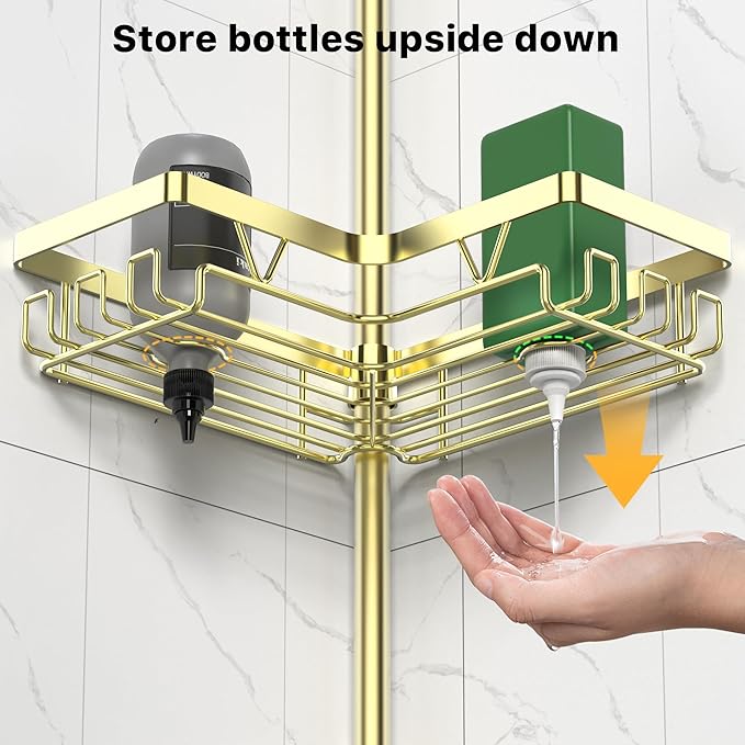 Shower Caddy Tension Pole - Gold Corner Shower Caddy Stainless Steel Bathroom Shower Organizer for Tub Tension Rod Corner Shower Shelves(22-114.2inch)